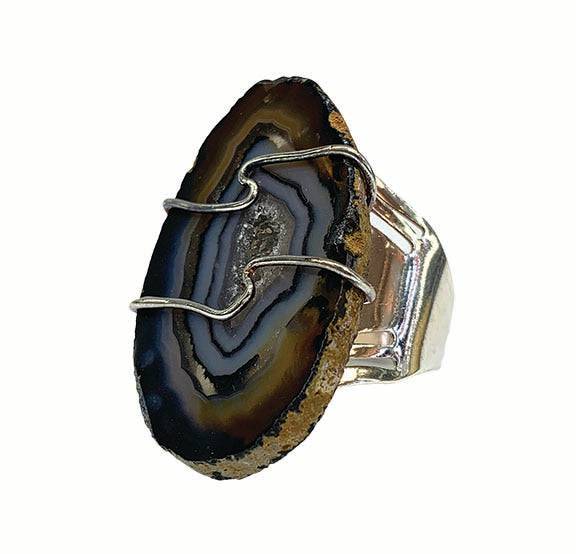 Agate Slice Silver Plated Adjustable Rings - Gem Center USA INC