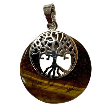 Tiger Eye Round with Tree of Life Pendant Approx 1 Inch Diameter - Gem Center USA INC